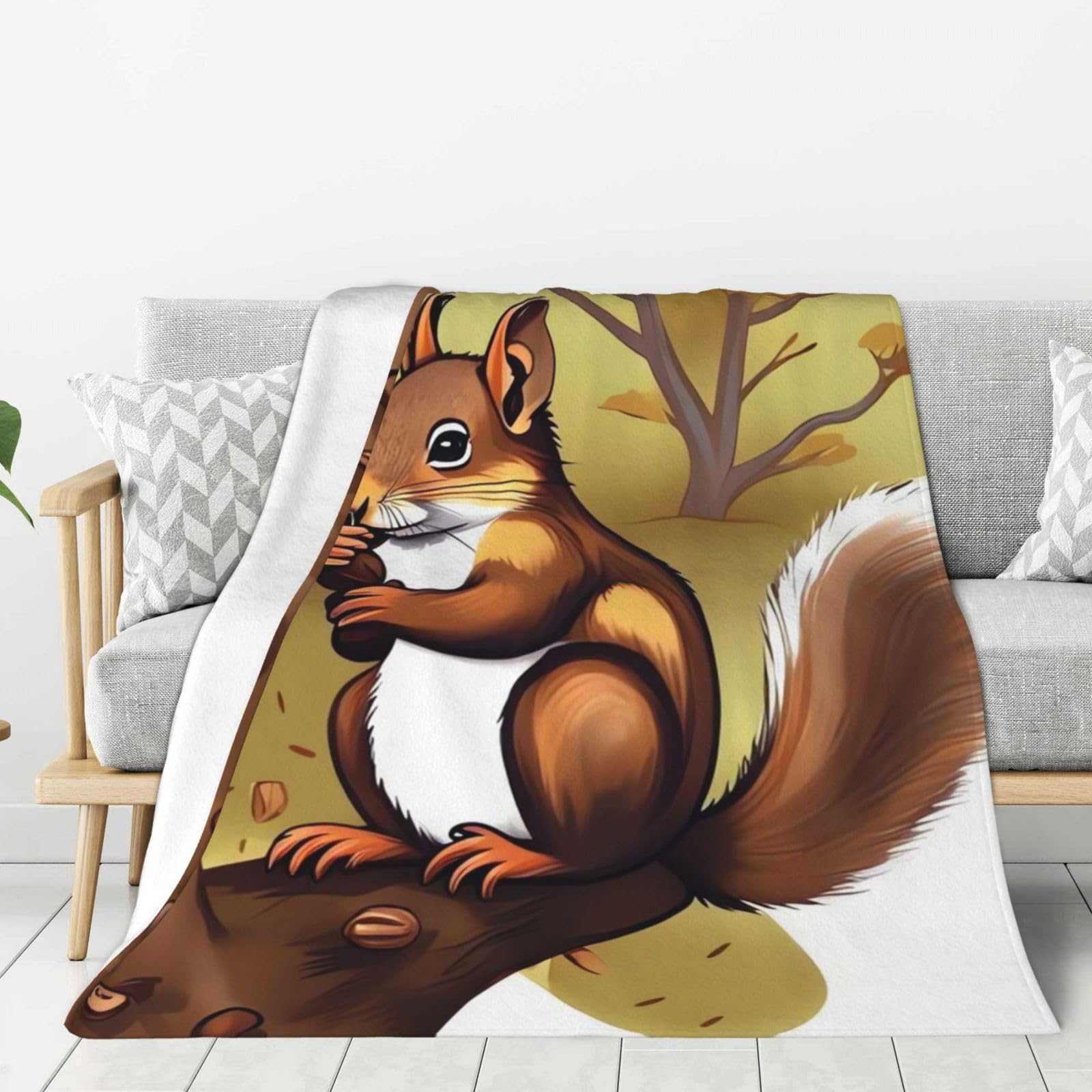 Nut-Eating Squirrel Throw Blanket Plush Flannel Fleece Blanket, Soft Lightweight Cozy Blankets 80"X60" for Bed Couch Sofa Travel
