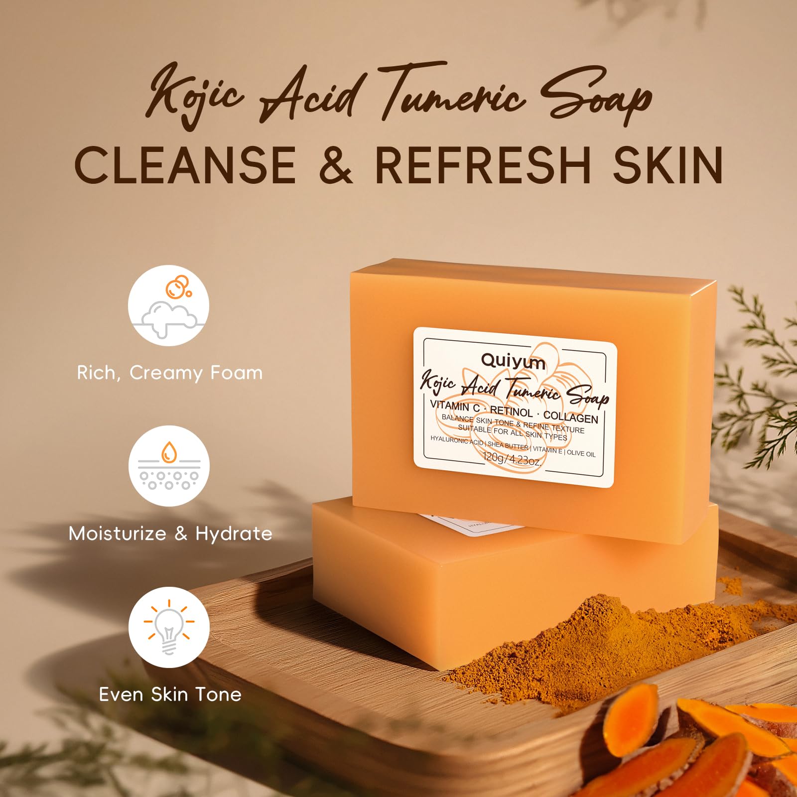 Quiyum Kojic Acid & Turmeric Soap Bar (3x120g), Face & Body Cleanser with Vitamin C, Retinol - Image 2