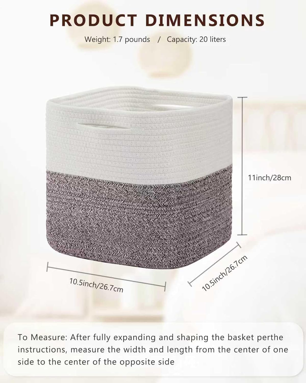 Cube Storage Bin 11" x 10.5" x 10.5" Cotton Rope Basket Square Woven Storage Basket for Shelves, Closet Organizer, Soft Towel Sock Basket, White/Brown, 3 Pack
