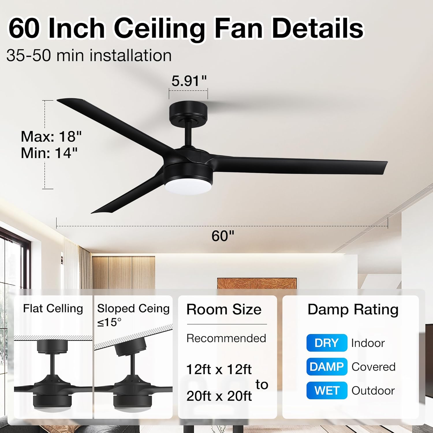 cumilo 60 Inch Smart Ceiling Fans with Lights and Remote,Quiet DC Motor,3 color for Outdoor Indoor Modern Farmhouse Ceiling Fan works with Alexa WIFI APP,Modern Black Ceiling Fan for Bedroom Patio