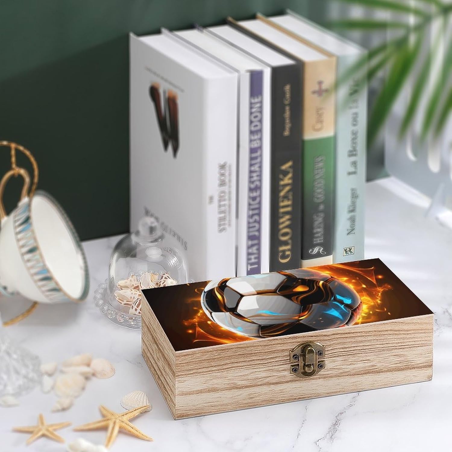 Storage Box Wooden Decorative Box Keepsake Boxes with Hinged Lock Cool Soccer Ball Storage Bins Jewelry Storage Chest Storage Container for Organize Keepsake Gift image 4