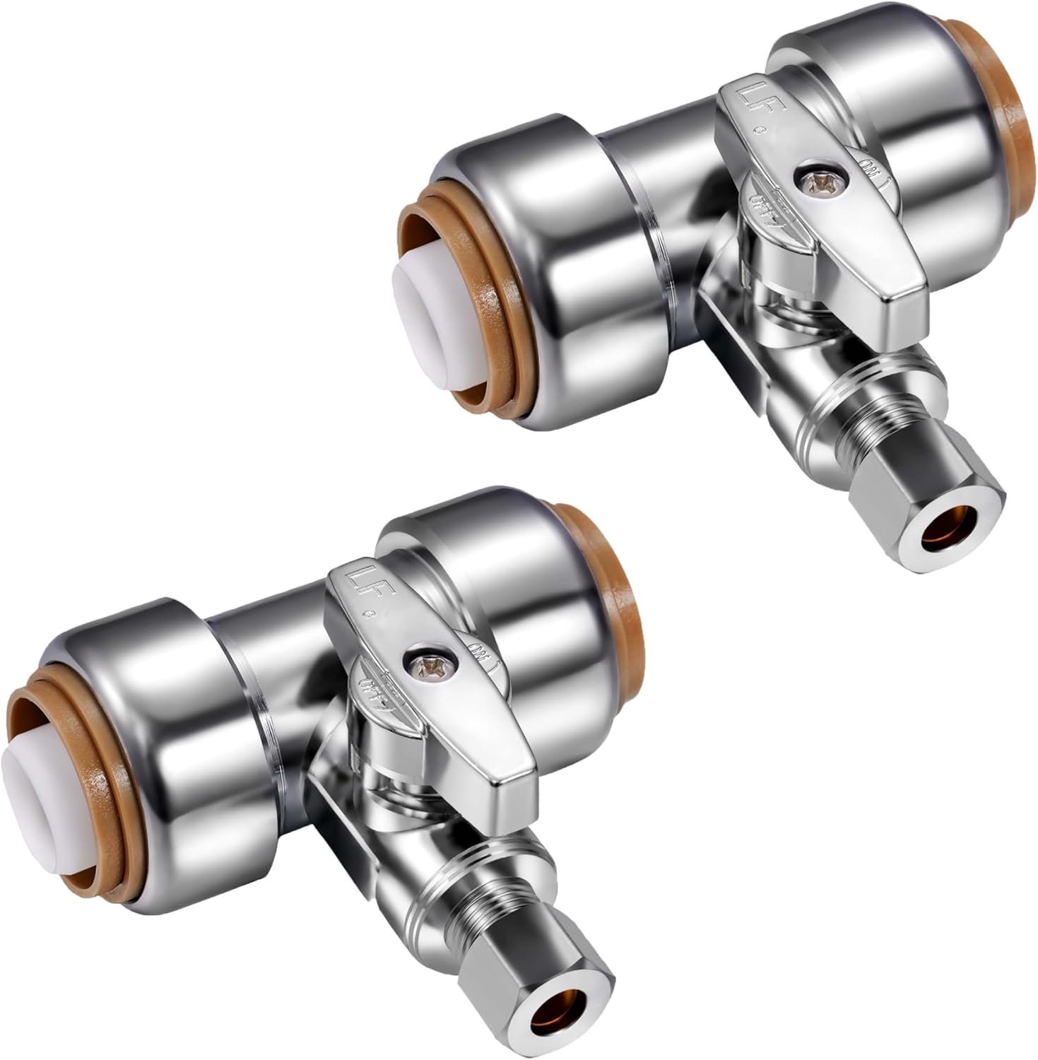 2Pack LF Premium Brass 1/2Inch Push to Connect x 1/2Inch Push x 1/4" Compression OD Straight Stop Valve,1/4 Turn for Pex,Copper,CPVC,PE-RT,HDPE