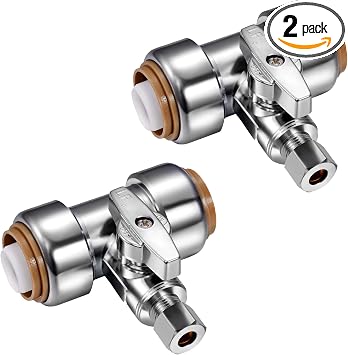 2Pack LF Premium Brass 1/2Inch Push to Connect x 1/2Inch Push x 1/4" Compression OD Straight Stop Valve,1/4 Turn for Pex,Copper,CPVC,PE-RT,HDPE