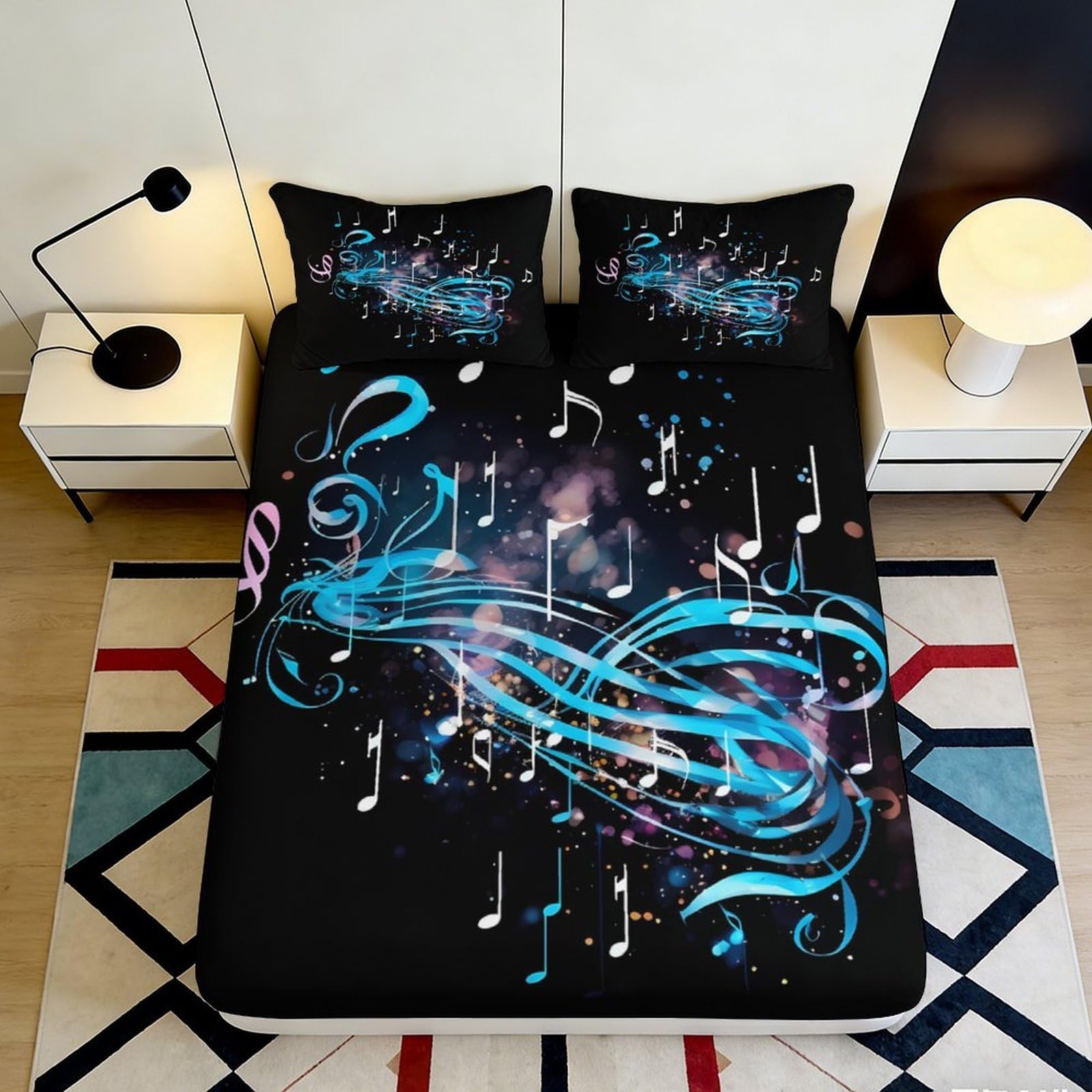 Pnayamiorkfel Style-3 3D Printed Musical Notes Fitted Sheet Microfiber Soft Black Bedroom Decor Swirl Pattern Mattress Cover For Home 90X200x25cm