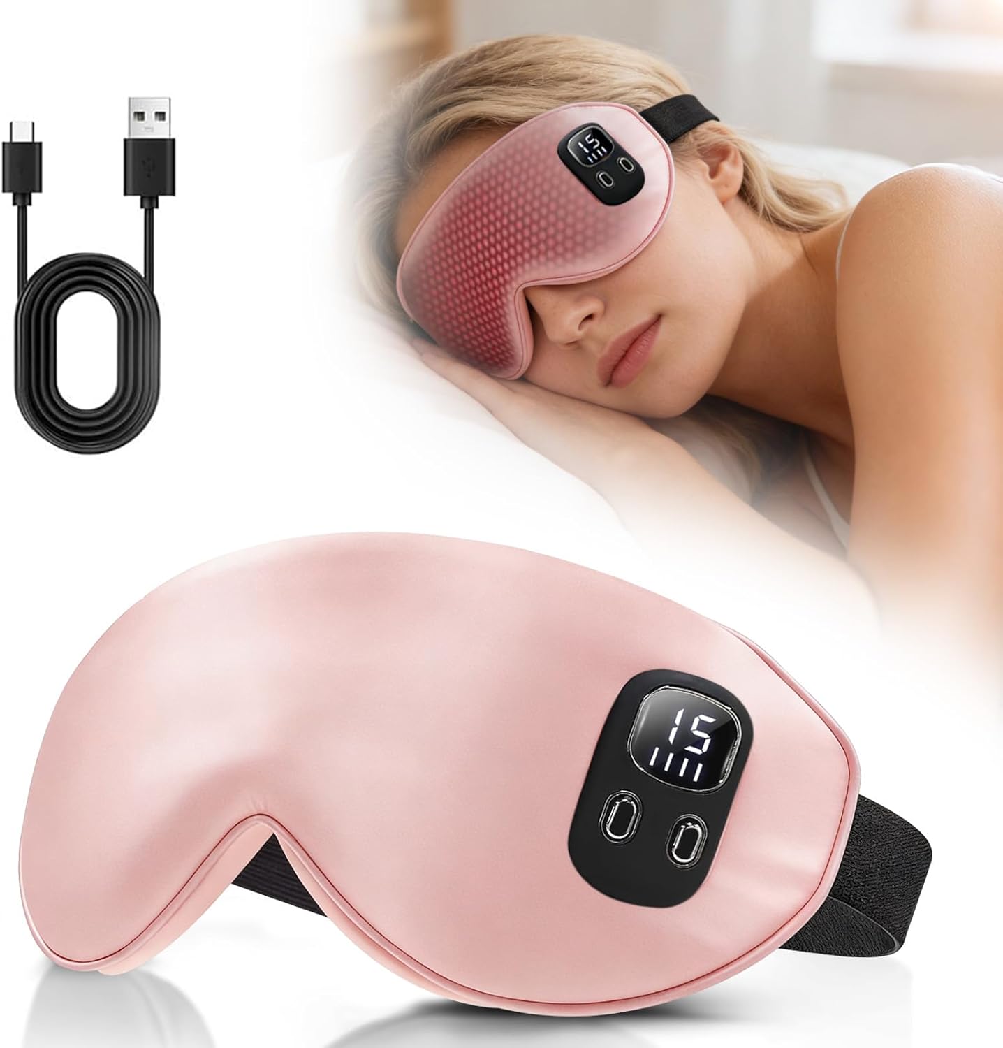 Cordless Heated Eye Mask, Rechargeable Sleep Mask with 4 Heat Levels, Timer, Light Blocking Design, Washable Cover, Soft Eye Mask for Daily Relaxation