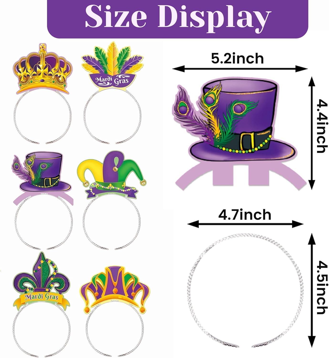 6 Pack Mardi Gras Jester Headbands - Colorful Court Clown Party Hats with Bells, Funny Elastic Headwear for Masquerade, Cosplay, Carnival, Birthday, Halloween & Theme Party Accessories