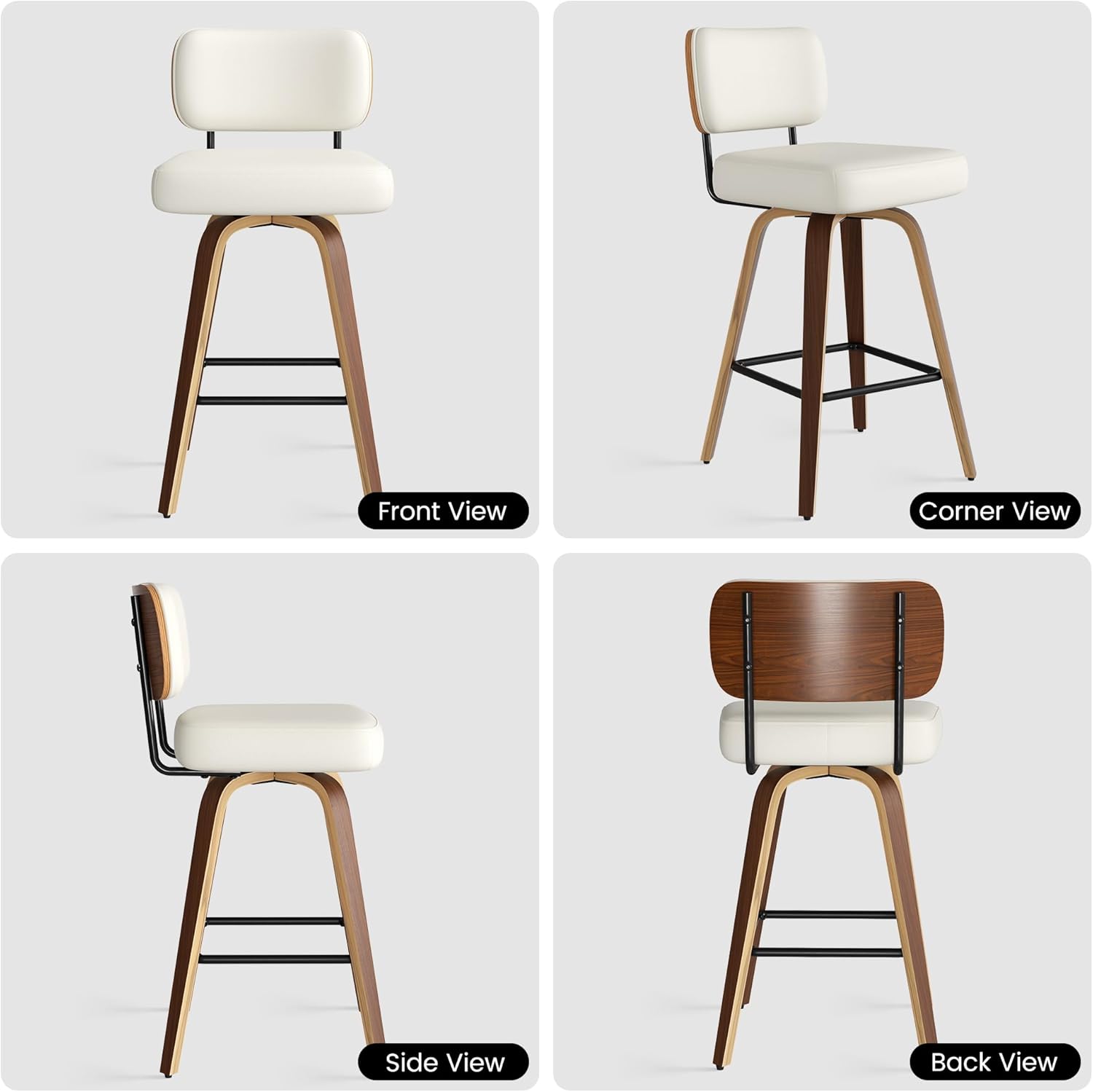 Swivel Bar Stools Set of 2, 26" Upholstered Faux Leather Counter Height Barstools with Walnut Back & Bentwood Legs, Mid Century Modern Bar Chairs Island Stools for Kitchen Counter, Cream White