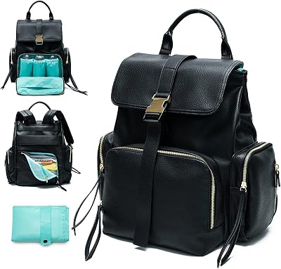 MOMINSIDE Diaper Bag Backpack, Leather Backpack with 14 Pockets, Baby Bag Large Travel Backpack Baby Registry, pañaleras para bebe, Changing Pad, 4 Insulated Pockets (Black)