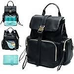MOMINSIDE Diaper Bag Backpack with 14 Pockets, Leather Baby Bag, paaleras para bebe Baby Registry, 4 Insulated Pockets, Changing Pad, Stroller Straps (Black)
