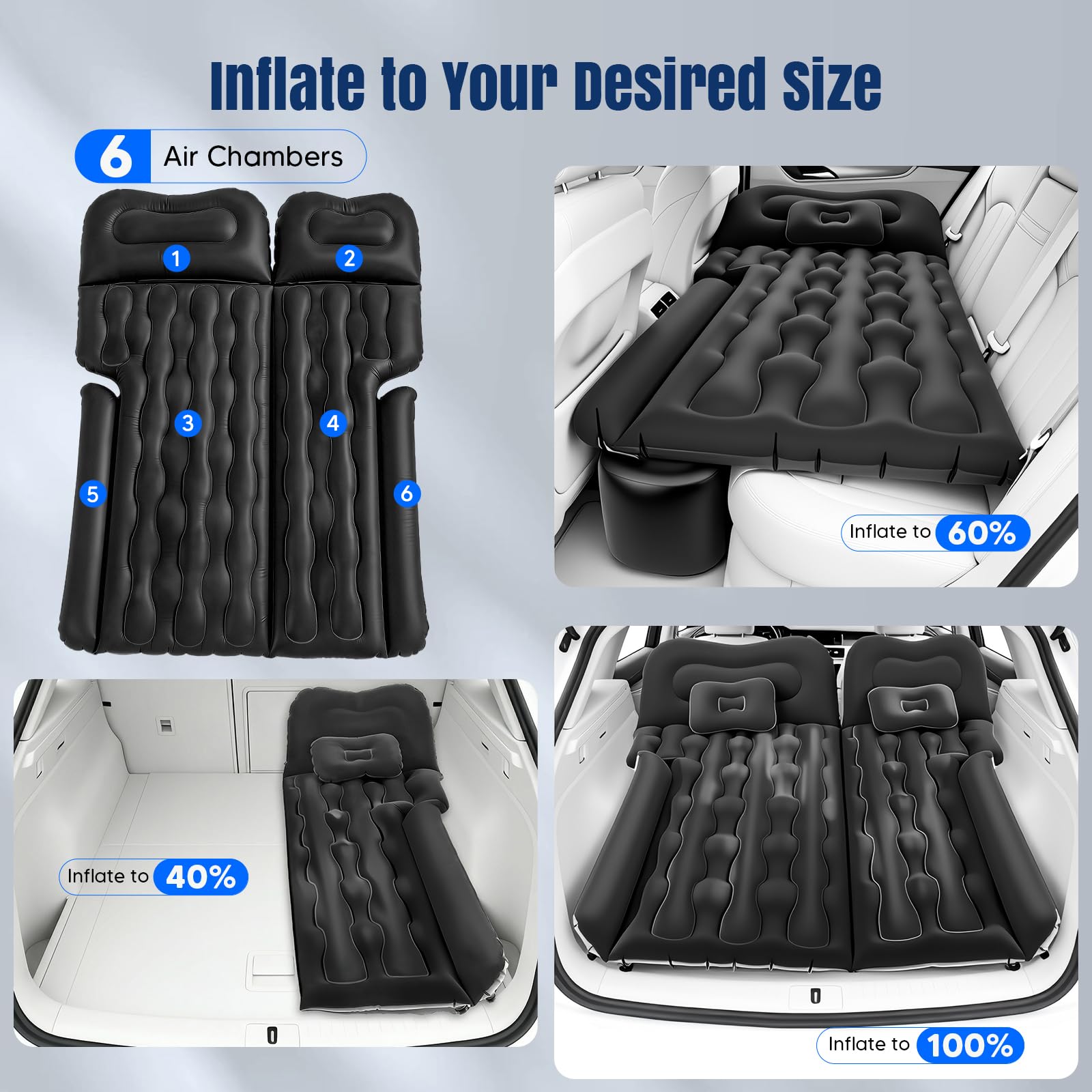 Matelas Gonflable Voiture, Matelas de Camping SUV pour Coffre et Banquette Arrière, Pompe 12V Incluse + 2 Oreillers ,2 Remplisseurs, Surface Flockée Douce Étanche, Convient Voiture RV MPV Fourgonnette