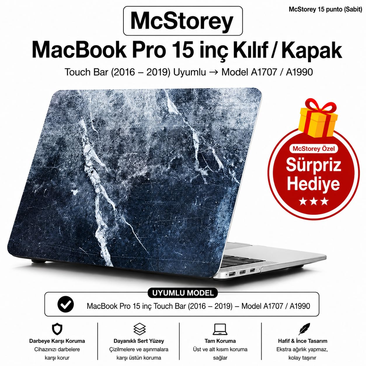 McStorey MacBook Pro 15 Mermer Desenli Kılıf A1707 A1990 Uyumlu Baskılı Sert Kılıf İnce Hafif Koruyucu Kapak Mavi