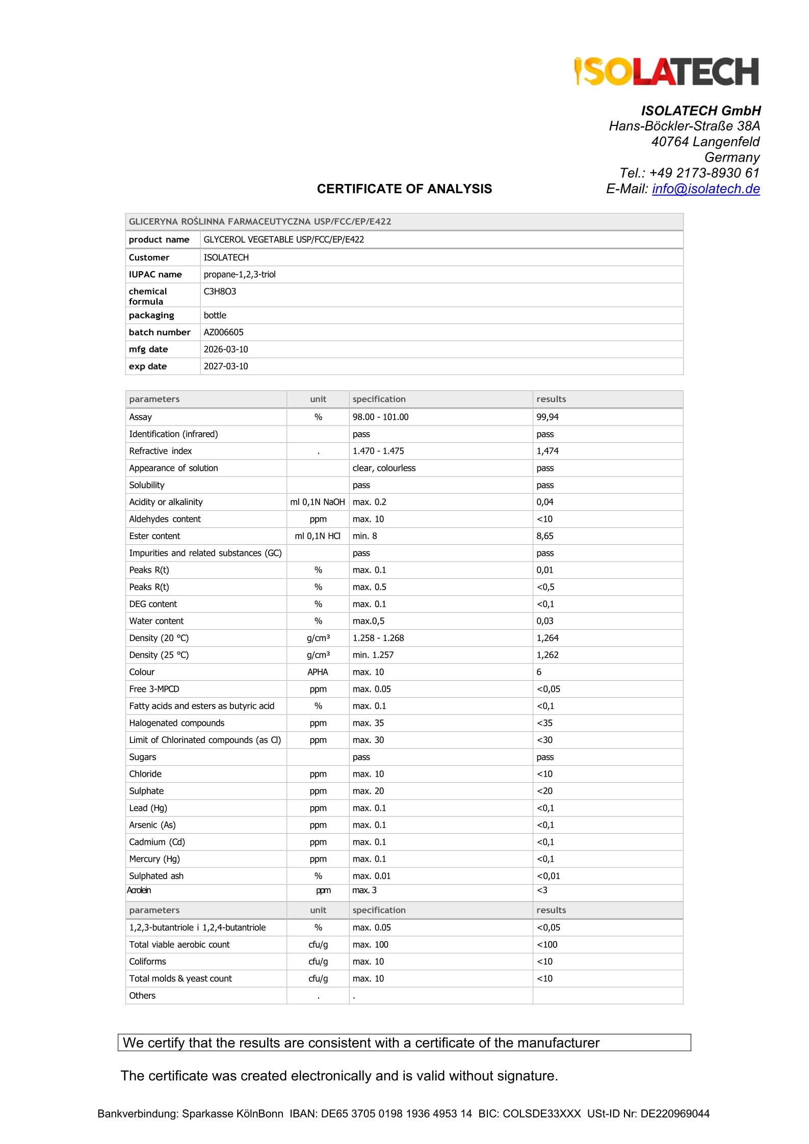 Glicerina vegetale 99,5% di grado farmaceutico 1L (1,2kg)