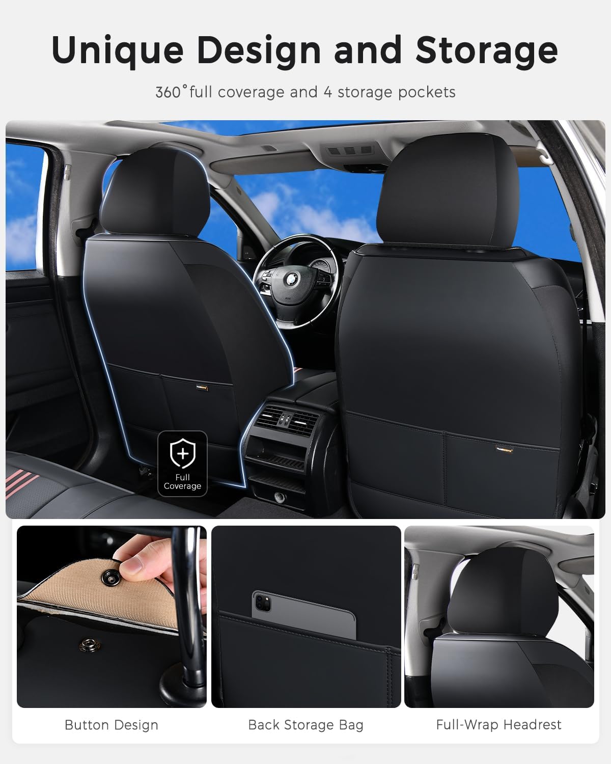 Huidasource Front Seat Cover, Nappa Leather Front Car Seat Covers with Lumbar Support, Ventilation Holes, Elastic Fabric, Airbag, Full-Coverage Seat Cover, Fit for Most Cars SUV Trucks, Black＆ Pink