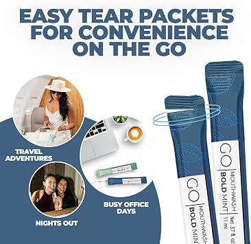 Bold Mint GO Travel Size Mouthwash Packets - Bulk Individual Mini Mouthwash Packets - Perfect Travel Size Toiletries for Guest Bathrooms - Alternative to Breath Strips and Spray, Alcohol and Dye Free