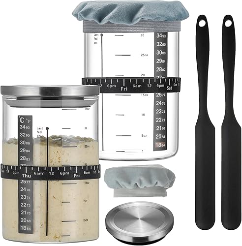 Miniatura 10 de Wissy&Konny Tarro básico de masa madre, paquete de 2 unidades de 35 onzas con línea de escala de onzas, banda de alimentación marcada con fecha,