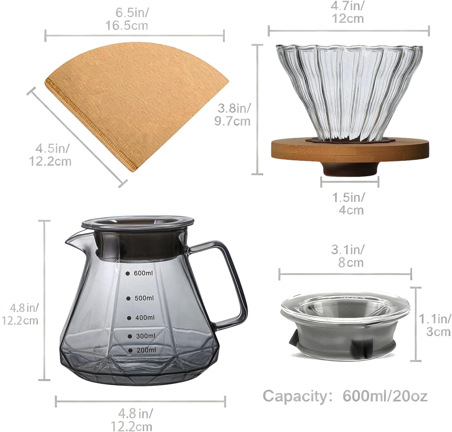 V60 Pour Over Coffee Maker Set with 100 Paper Filters, Glass Dripper and 20 oz Carafe, Manual Drip Coffee Brewer with Bamboo Base for Home or Office, Barista Style Pour Over Kit