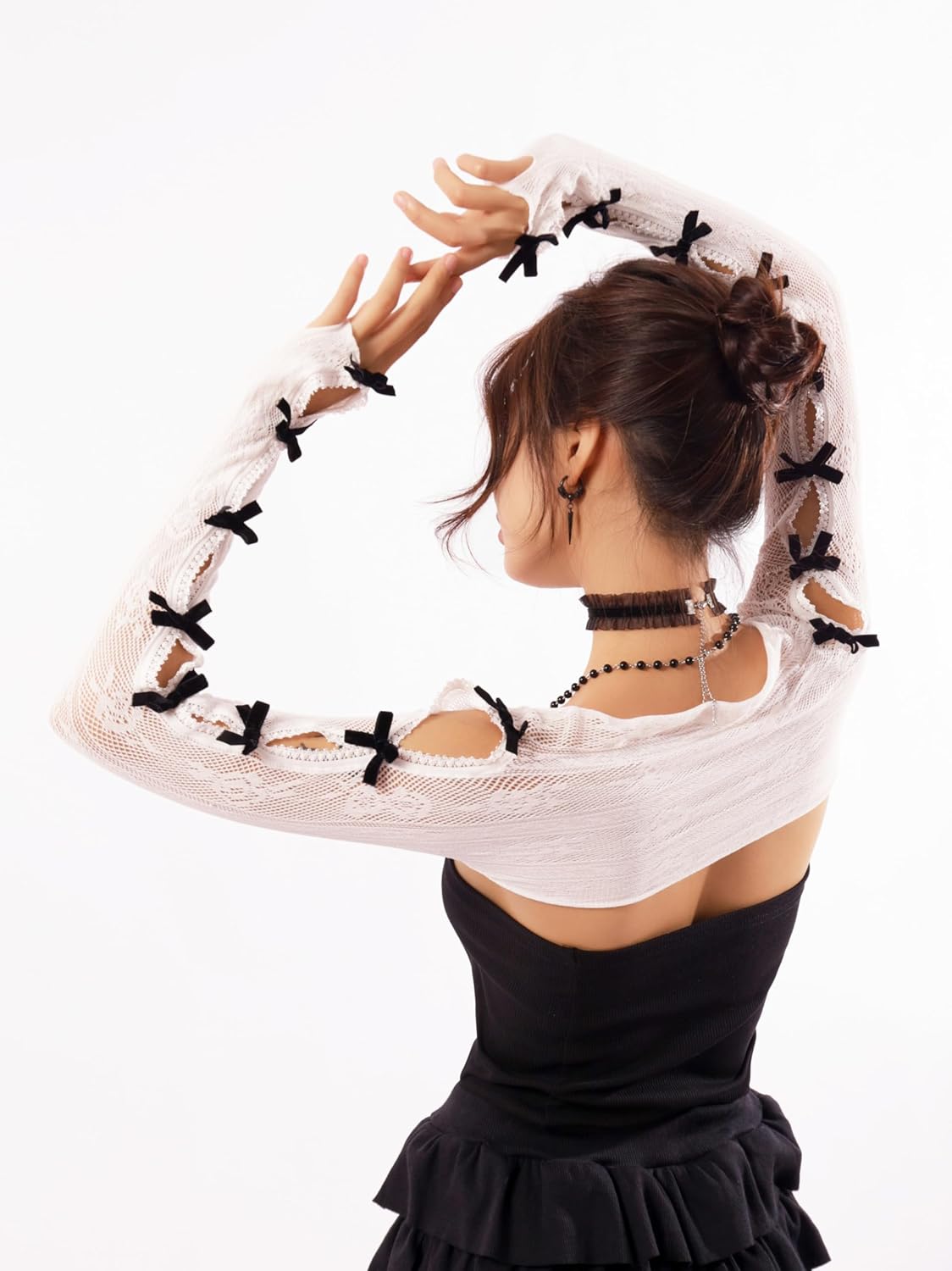 Sacina Black White Bow Shrug, Floral Lace Shrug, Lace Sleeves, Gothic Emo Grunge Y2k Aesthetic Accessories - Image 5
