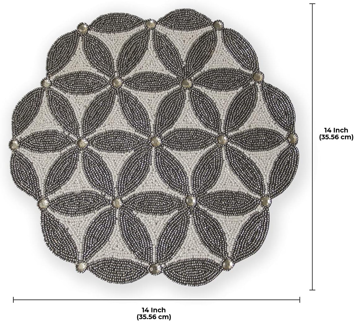 Silver Gray Beaded Placemats Set of 2 for Dining Coffee Table Scratch Heat Stain Resistant Anti Skid Charger Kitchen Decor Durable Tablemats - Holiday Gathering Party Occasions - 14 Inches : Home & Kitchen