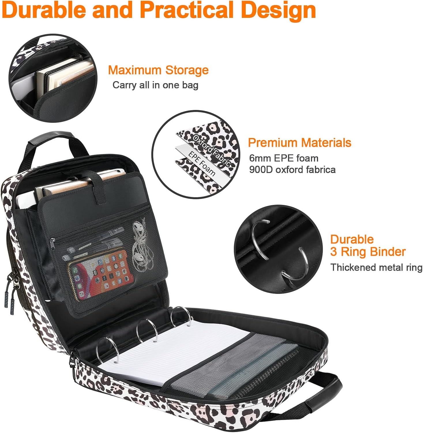 3 Ring Zipper Binder 2 Inch with Shoulder Strap 500 Sheet Capacity & Multi-Pockets for School and Office Binder Organizer, Compatible with 13-Inch MacBook/Tablet (Patent Design Leopard)