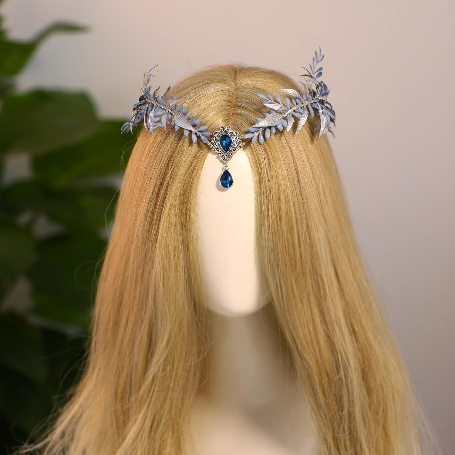 MOSTORY Blue Flower Fairy Crown - Woodland Elf Headpiece Floral Headband Forest Leaf Circlet for Women Renaissance Renfaire Halloween Cosplay Fantasy Photo Shoot - Image 4
