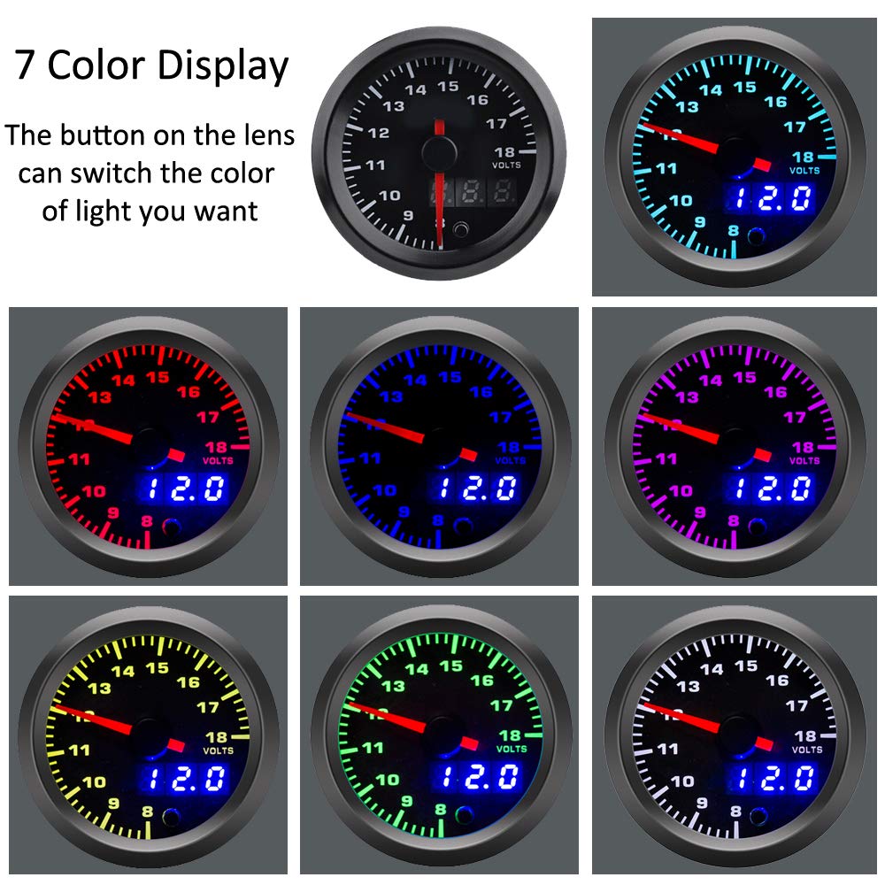 52mm pointeur de Moteur dvoiture kit de jauge Tension Volt Indicateur Lumineux LED 7 Couleurs Cadran Numérique Double d'affichage