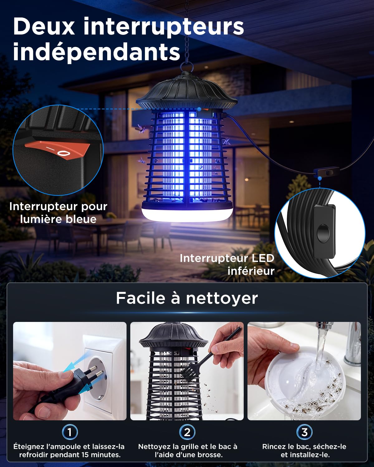 VIWAVE Lampe Anti Moustique avec éclairage LED, 15 W Piege a Mouche Puissante 4200V, Tueur d'Insectes électrique IPX4 étanche, Câble de 3m, Couverture de 150 m², pour Intérieur et Extérieur