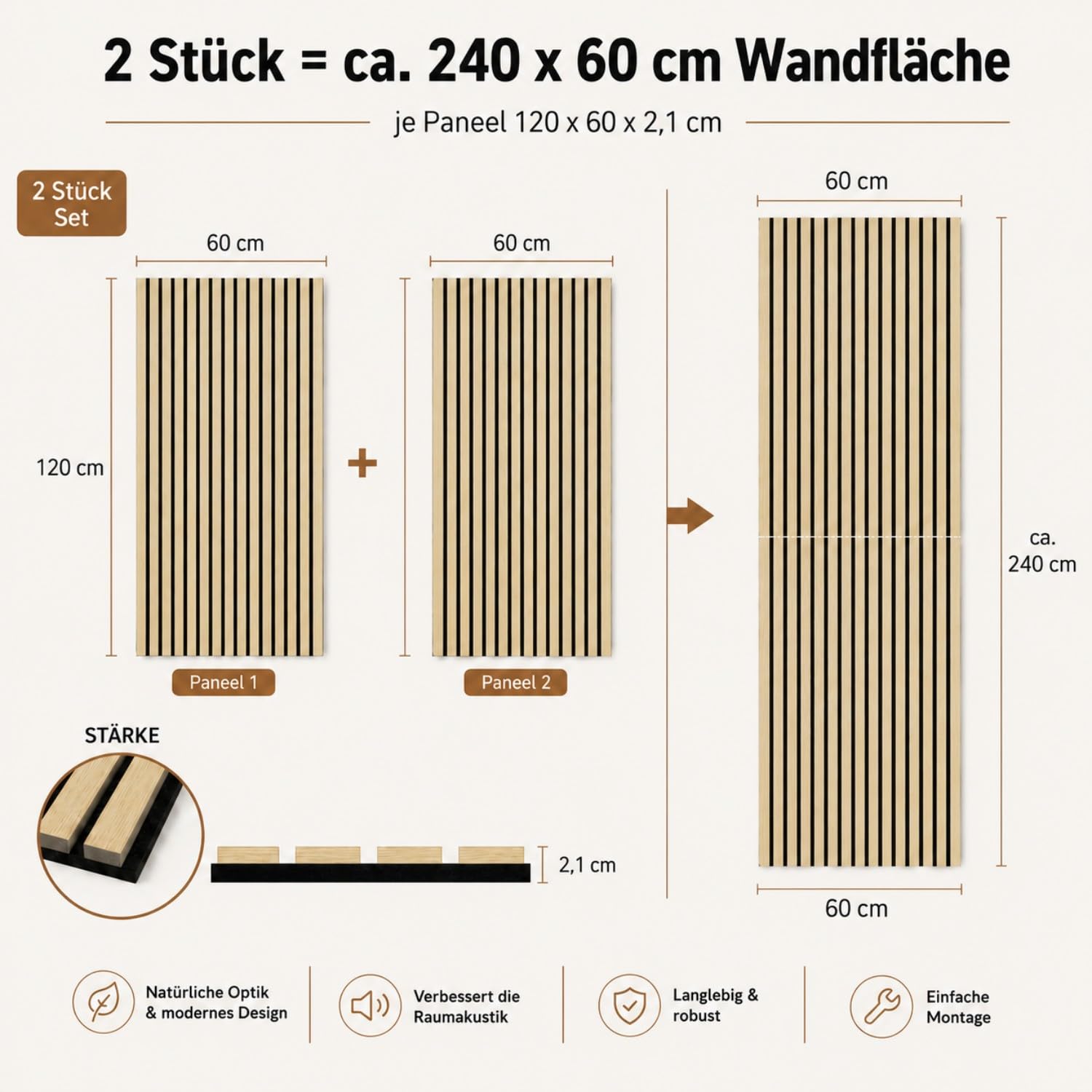 Panneaux acoustiques en bois - 240 x 60 cm - Format mural - 2 x 120 x 60 cm - Bois brut - Panneaux muraux aspect bois avec feutre noir - Lamelles MDF pour mur TV et salon