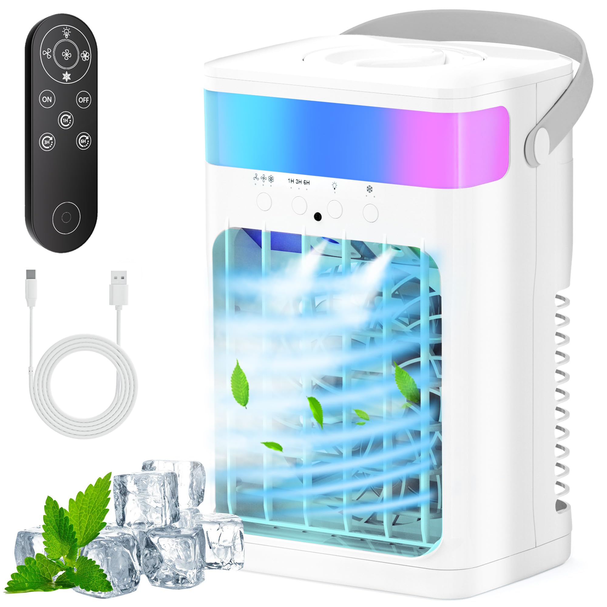 Portable Air Conditioner, Cooling Fan 3 Speeds & 3 Modes Personal Cooling Fan Mini Air Conditioner Fan with Remote, 1500ML Water Tank, Night Light, for Home Office Bedroom