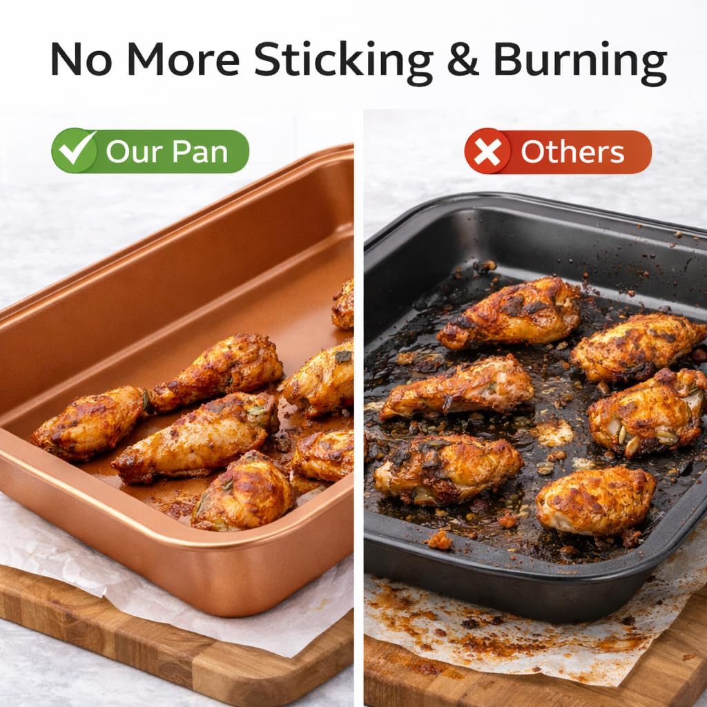 Copper Nonstick Cookie Sheet Baking Pan, Large Rectangular Bakeware Tray with Easy-Grip Rim, Durable Baking Sheet for Cookies, Roasting Vegetables, Pastries & More