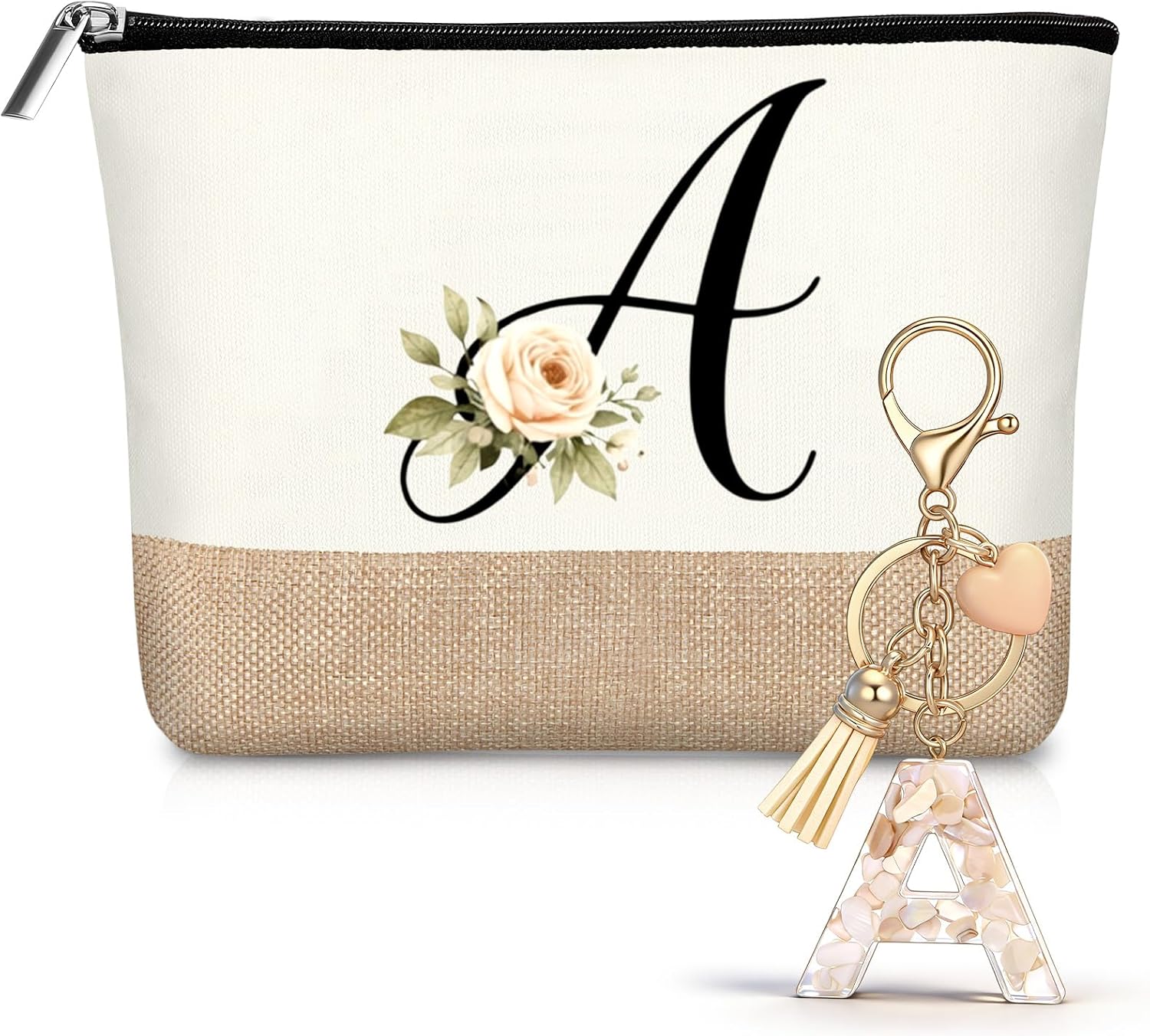 Hestya Neceser Personalizado con Letras Iniciales de Yute Bolsa de Cosméticos de Viaje con Llavero para Mujer Boda Cumpleaños Playa Hermana Mamá Maestra Enfermera Dama de Honor(A)