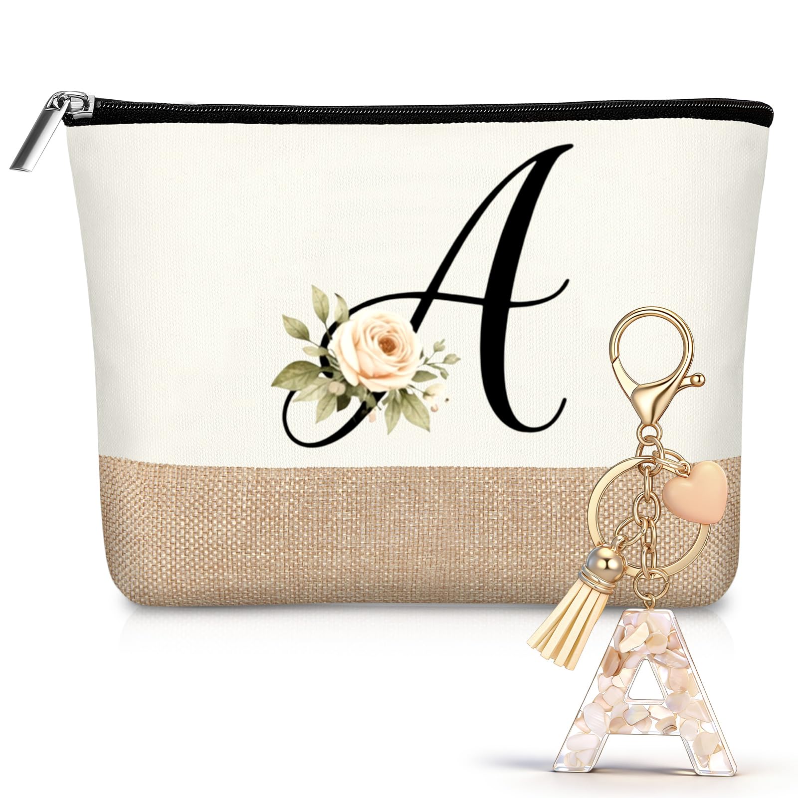 Hestya Neceser Personalizado con Letras Iniciales de Yute Bolsa de Cosméticos de Viaje con Llavero para Mujer Boda Cumpleaños Playa Hermana Mamá Maestra Enfermera Dama de Honor(A)