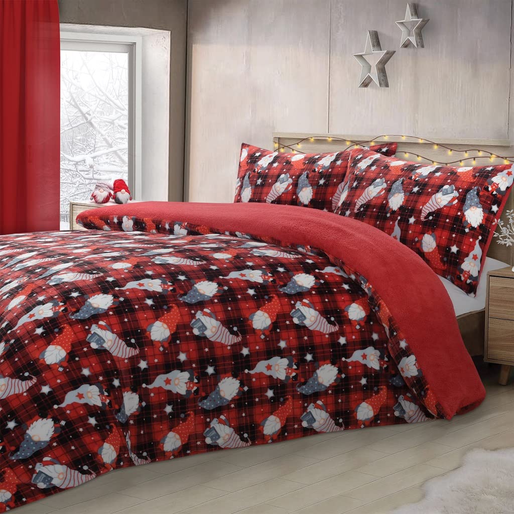 LIZZIE JACOBS Gonk Tartan Check Teddy Sherpa Fleece Super Soft Warm Cosy and Duvet Cover Sets Xmas Festive Season Quilt Covers Bedding Sets (double Duvet Set), Adults Kids
