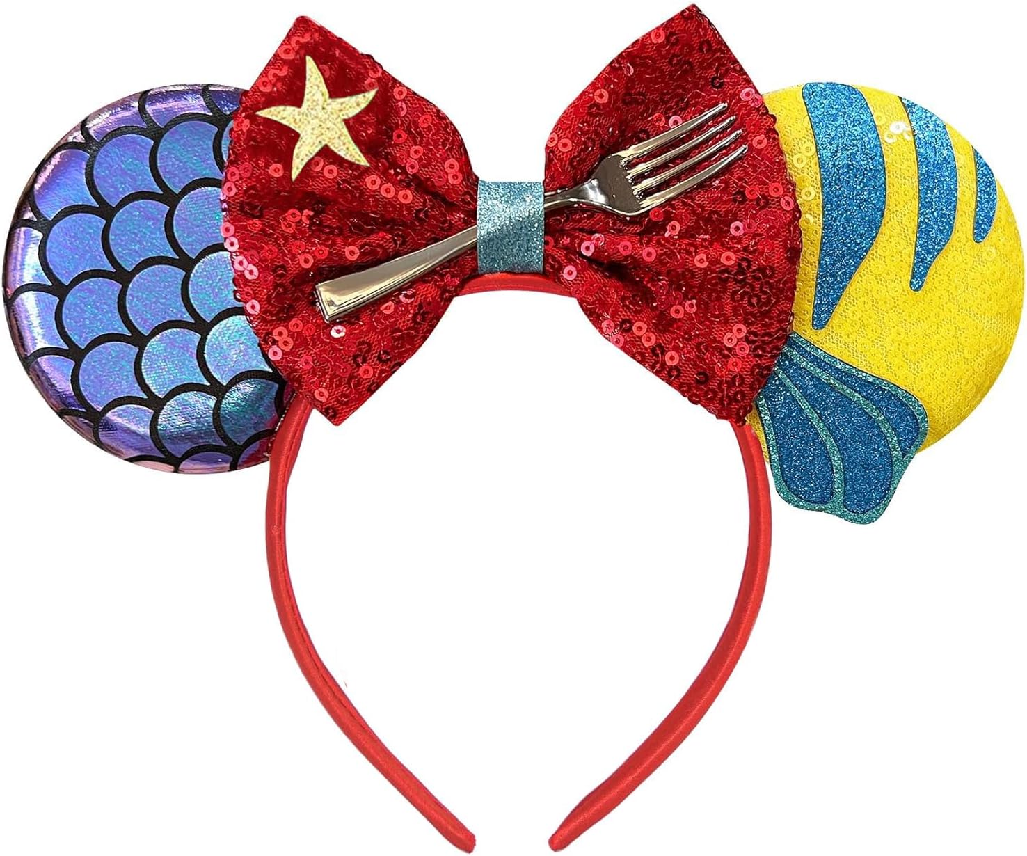 マーメイドマウスの耳ヘッドバンド 女性用 魚のうろこネズミの耳 スパンコール リボン ヘッドバンド 大人用 公園の耳用