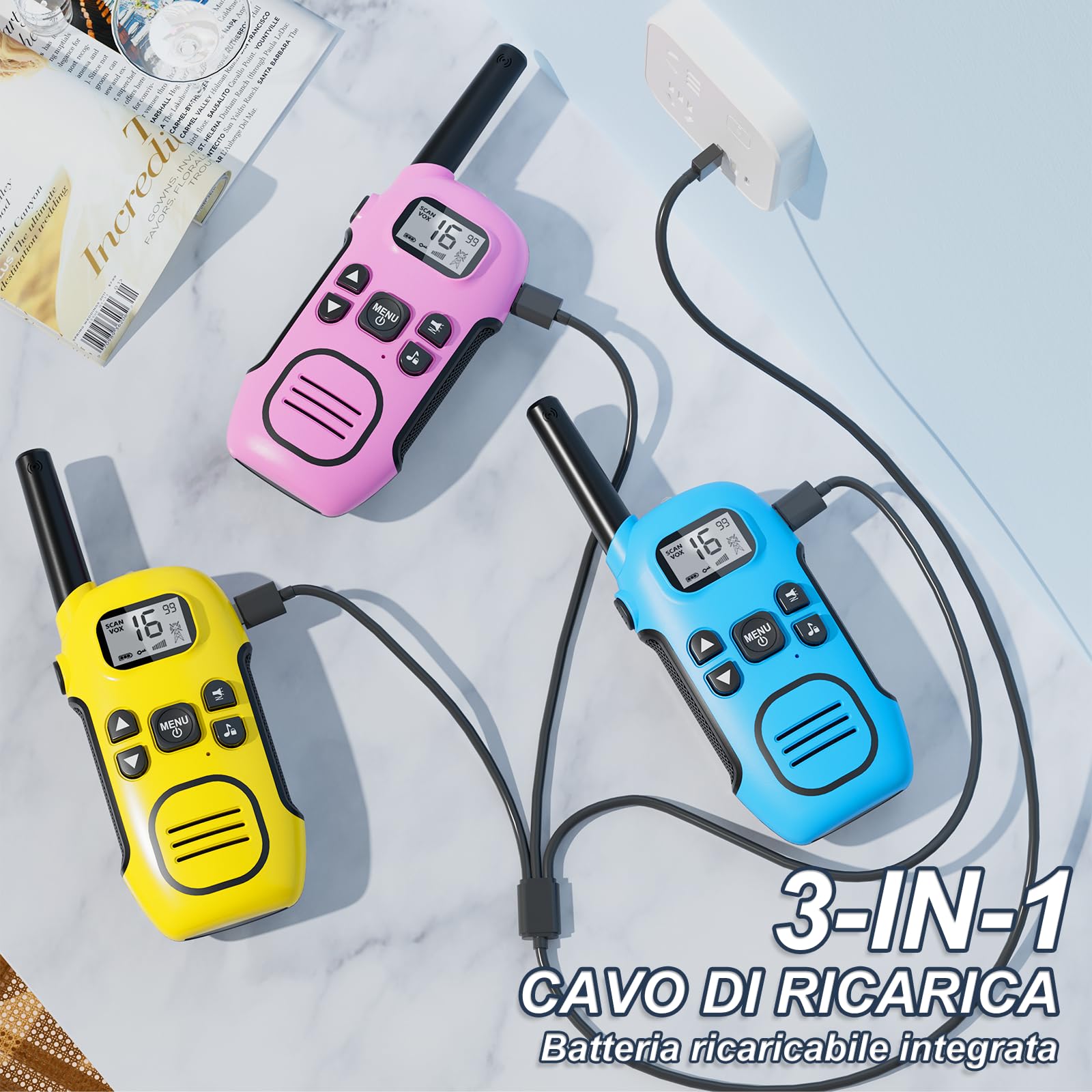 Walkie Talkie Bambini Ricaricabili, 2 Pezzi Talkie Walkie Portata Fino a 3 KM, VOX, Torcia LED e 16 Canali - Ideale per Esterni Campeggio Escursionismo, Regalo per Ragazzi e Bambine di 3-12 Anni