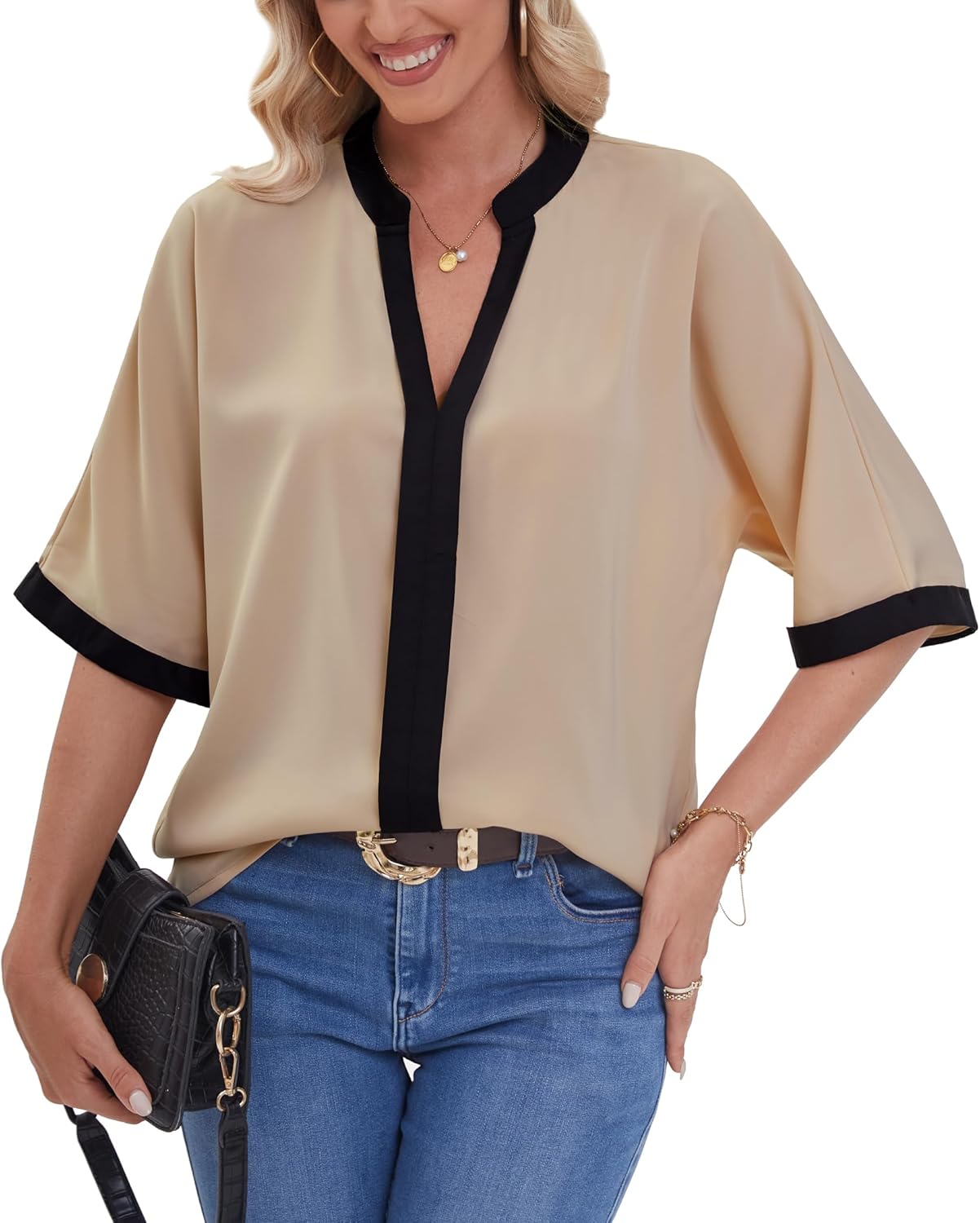 BAISHENGGT Beverlylady Women's Blouses Dressy Casual Color Block Notch V Neck Half Sleeve Printed Loose Chiffon Tops - Image 2