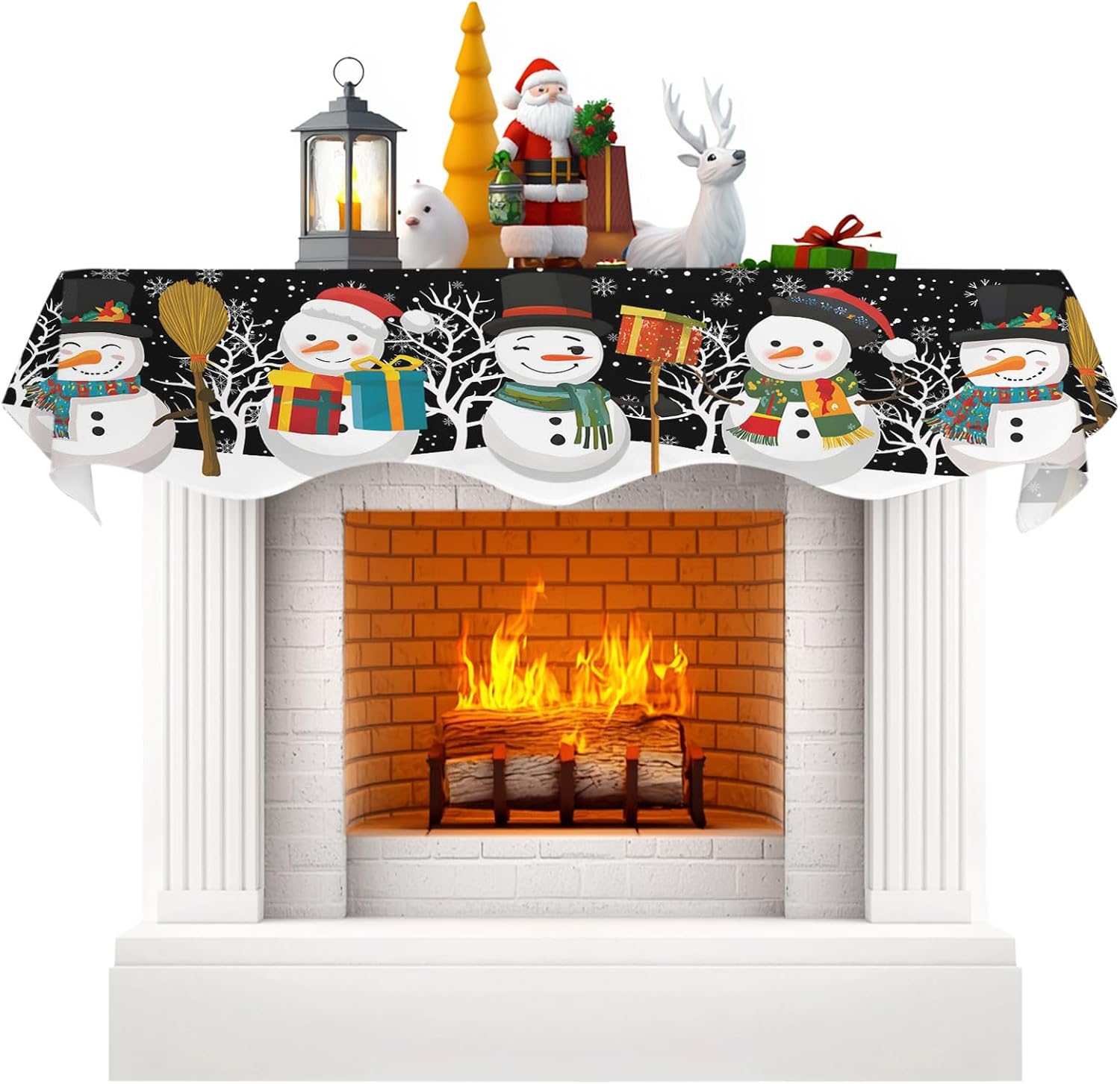 Mantle Scarf Winter Funny Snowman Snowflake Fireplace Scarf on Black Mantle Cover Runner for Holiday Festive Party Supplies Decor,70x17In