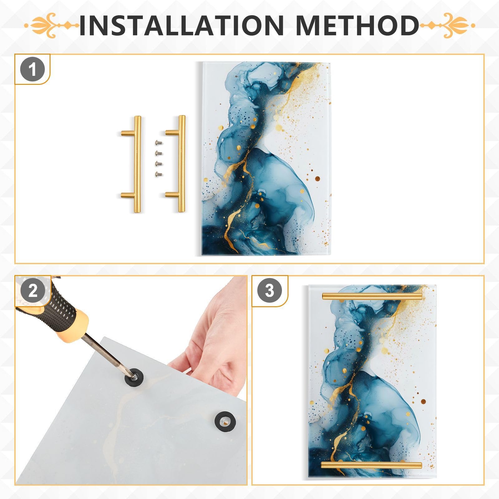 GUIJI Emerald Marble 3 Acrylic Tray, Perfume Cosmetic Jewelry Decorative Trays Bathtub Organizer, Living Room Kitchen Serving Tray with Gold Handles
