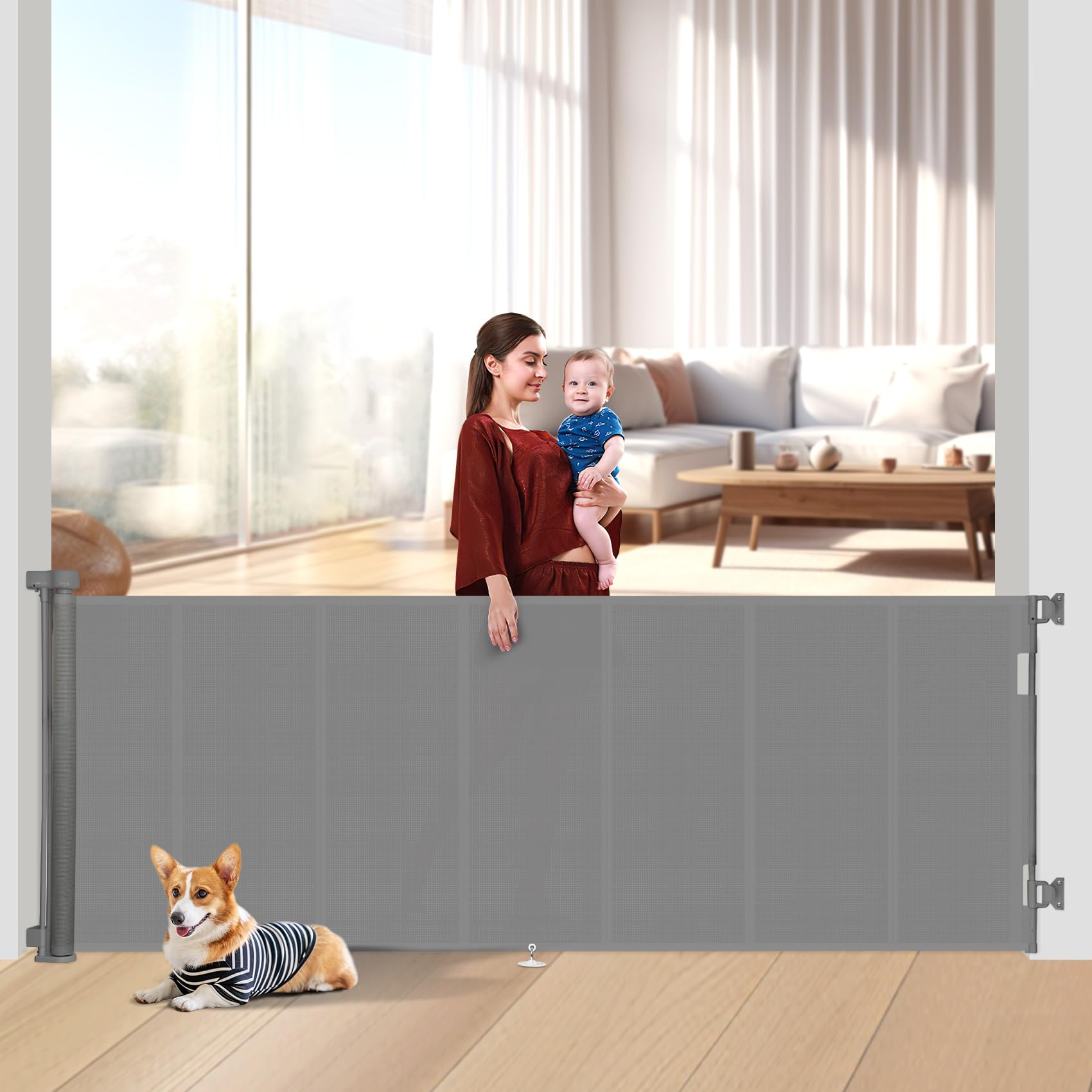 Miumoon 120 inch Retractable Baby Gates 42 inch Tall, Retractable Gate with Reinforced Strip Design to Prevent Crawling Through, 10 FT Extra Wide