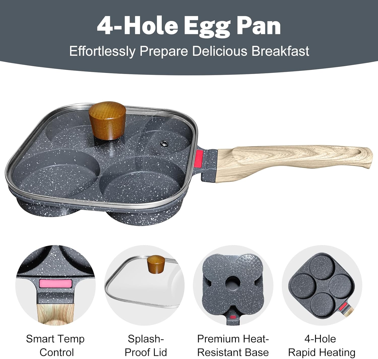 4‑Cup Nonstick Egg Pan Set with Lid – Aluminum Omelette Skillet for Breakfast, Includes Silicone Scraper, Oil Brush, Chopsticks & Cleaning Cloth – Compatible with Gas & Induction Cooktops (Black)
