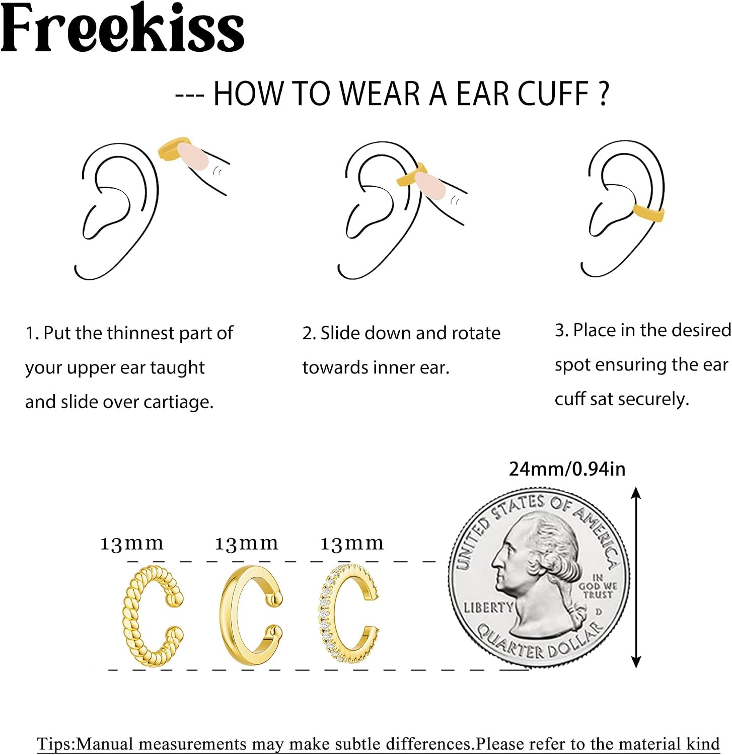 Freekiss Gold Ear Cuffs Non Piercing: 14K Gold Plated/Silver Cuff Earrings for Women Trendy Chain Cubic Zirconia Cartilage Clip on Earrings Fake Earring Cuffs Set Hypoallergenic Jewelry for Women