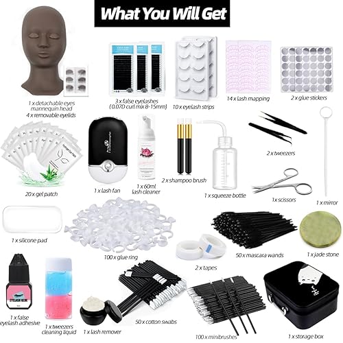 Miniatura 10 de Kit de extensión de pestañas profesional con cabeza de maniquí, párpados extraíbles, ventilador de pestañas USB, pestañas postizas individuales,