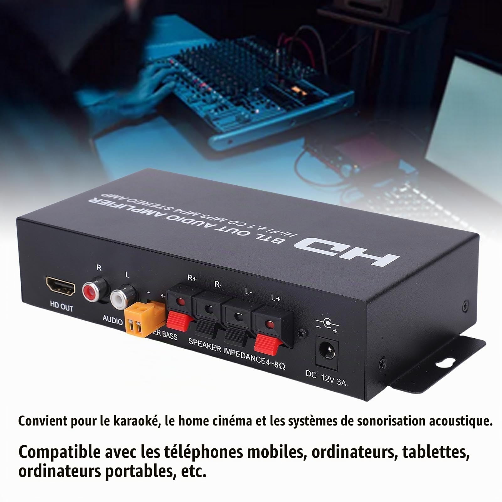 Annadue Amplificateur Audio Stéréo HiFi M045, Double Canal, Bluetooth, Compatible avec Entrées HDMI/RCA/AUX, Prise UE