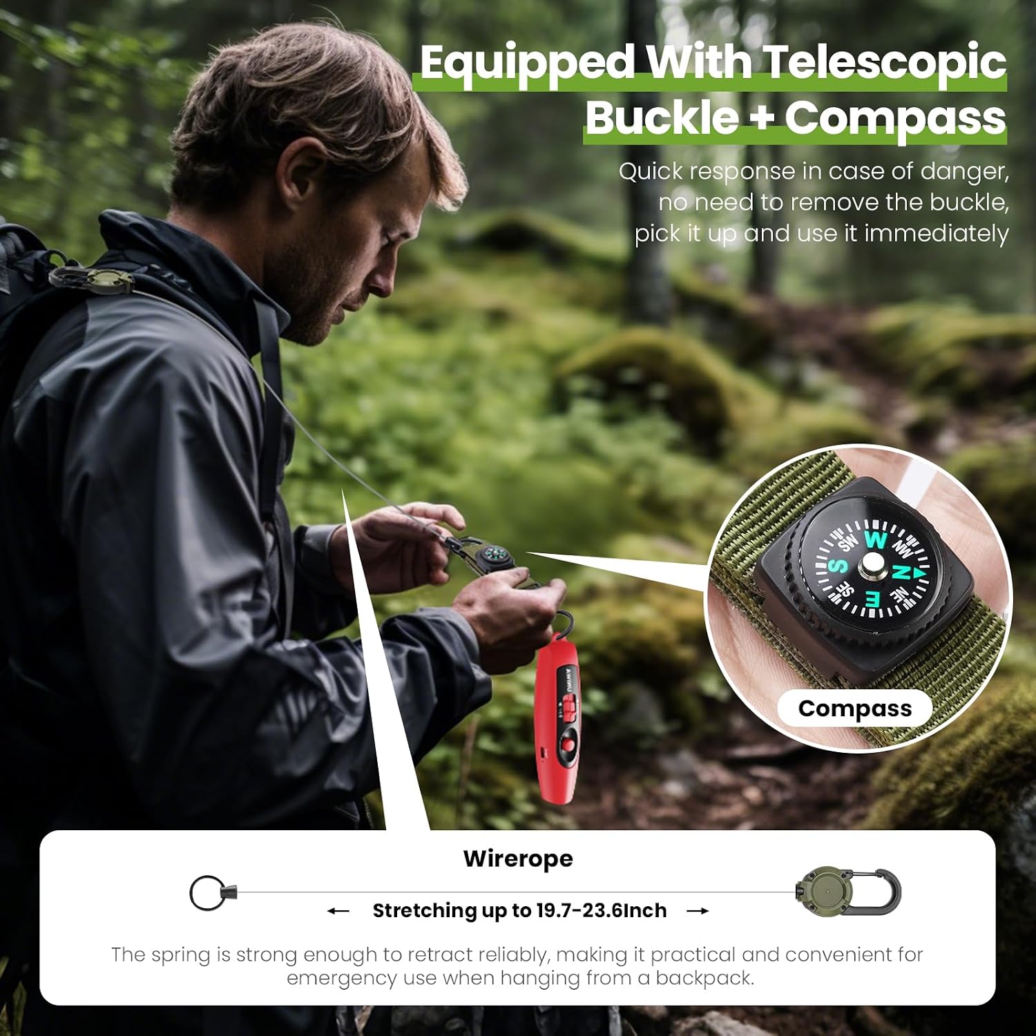 UNIWA Electronic Air Bear Horn, 120±5 dB Loud Air Horn for Safety Hiking Camping Emergency Whistle with Compass & Retractable Hook, Bear Horn to Scare Bears - Self Defense for Hiking