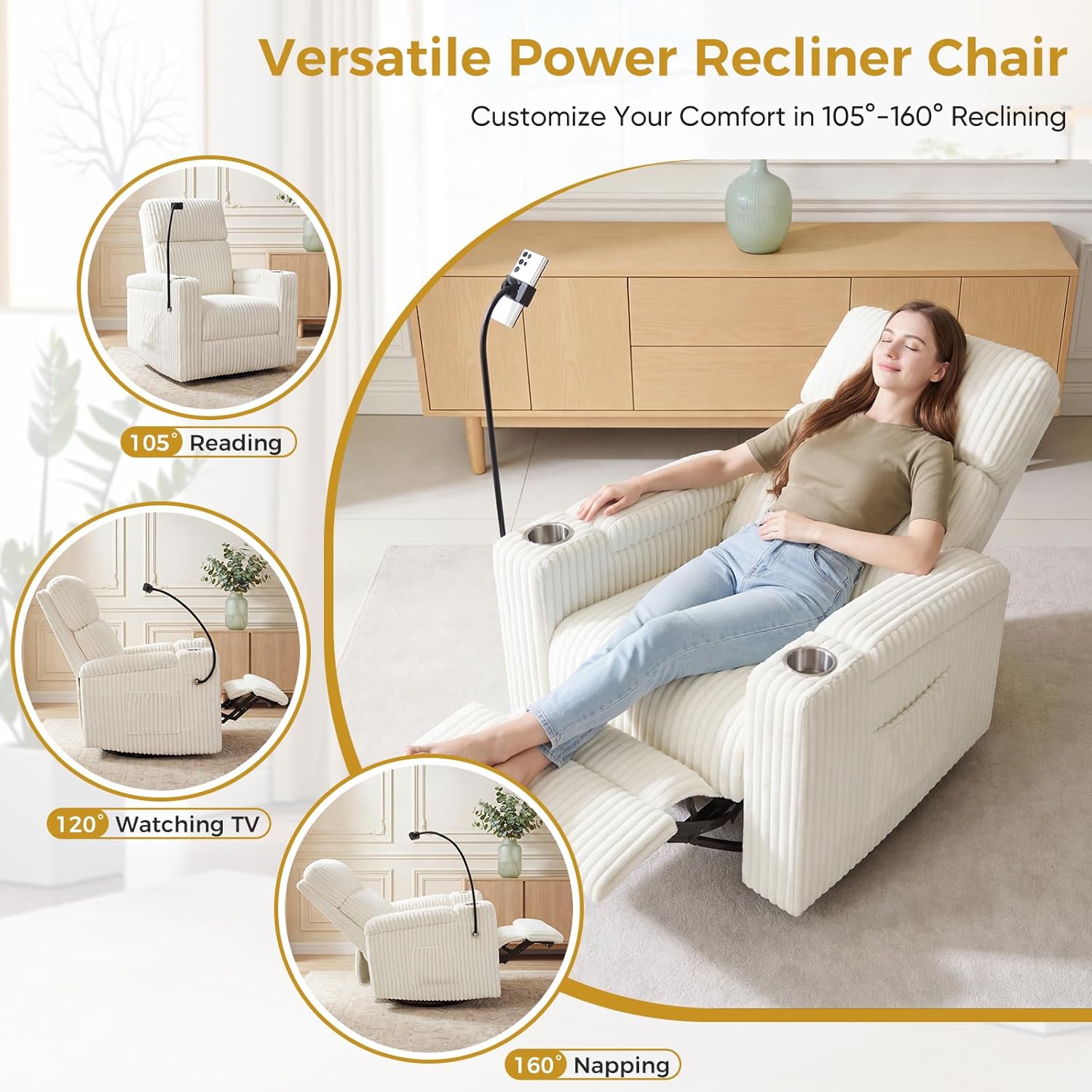 HUSFU Power Recliner Chair Swivel Glider,Nursery Rocking Chairs w/USB Charging Port and Phone Holder,Swivel Rocker Glider Recliner for Nursery,Bedroom,Living Room,Cream,1PC