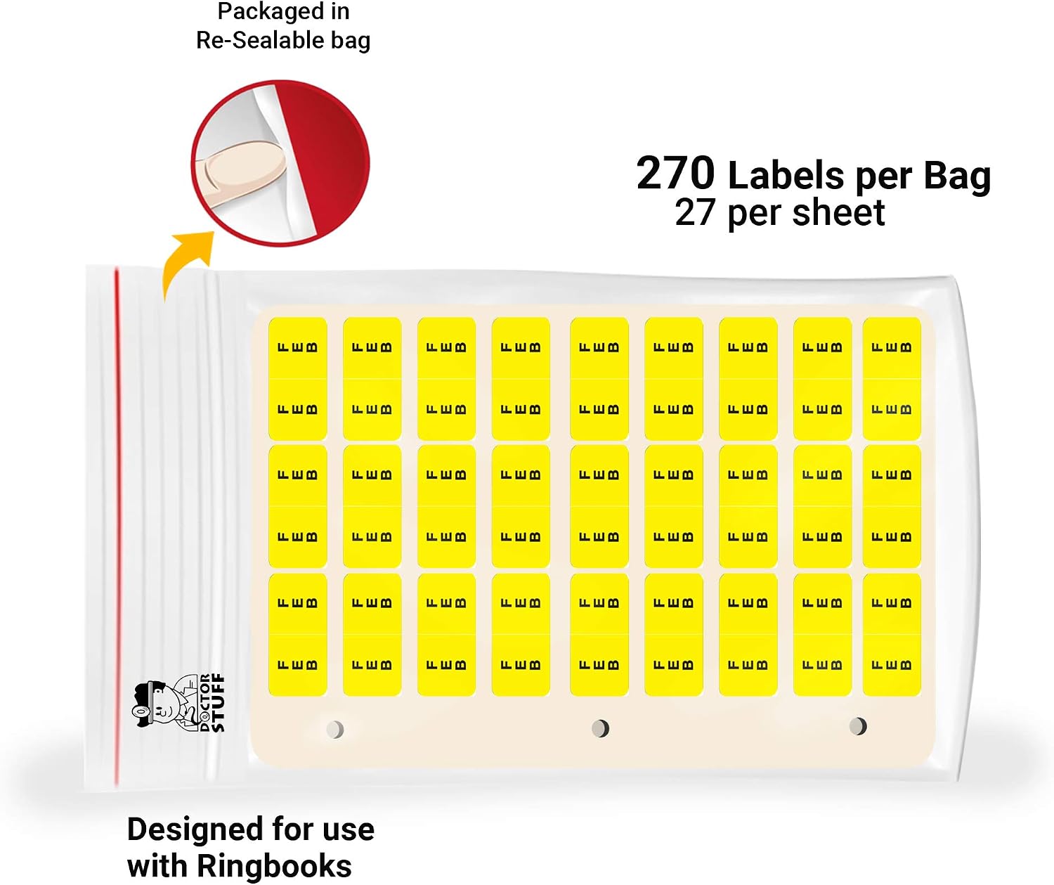 Doctor Stuff - File Folder Month Labels, Ringbook Sheets, February, Reynolds & Reynolds - RM3R Series Stickers, Yellow, 3/4" x 1-1/2", 270 Labels/Pack