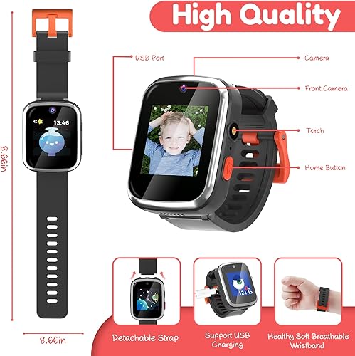 Miniatura 6 de Reloj inteligente de juego para niños de 3 a 8 años con 13 juegos, juguetes educativos, reloj para niños de doble cámara con 28 calcomanías para