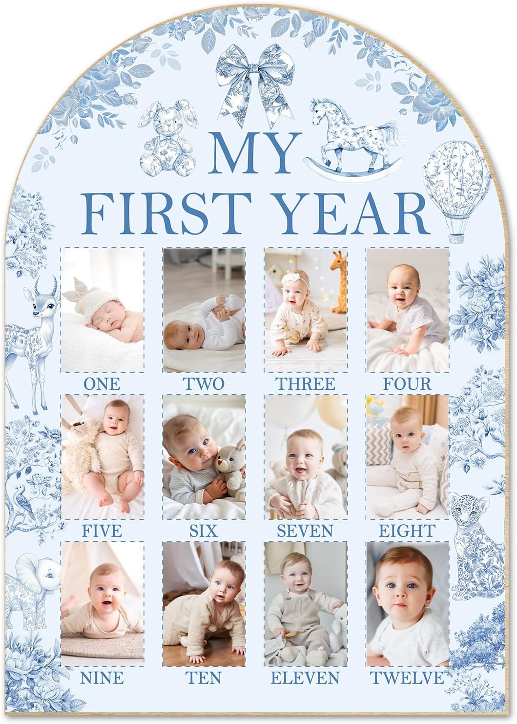 Blue Floral Animals My First Year Photo Board - Newborn 12 Months Milestone Wooden Photo Board, First Birthday Decorations, Baby Keepsake Gift Supply (Fit 2x3in Pic) -07
