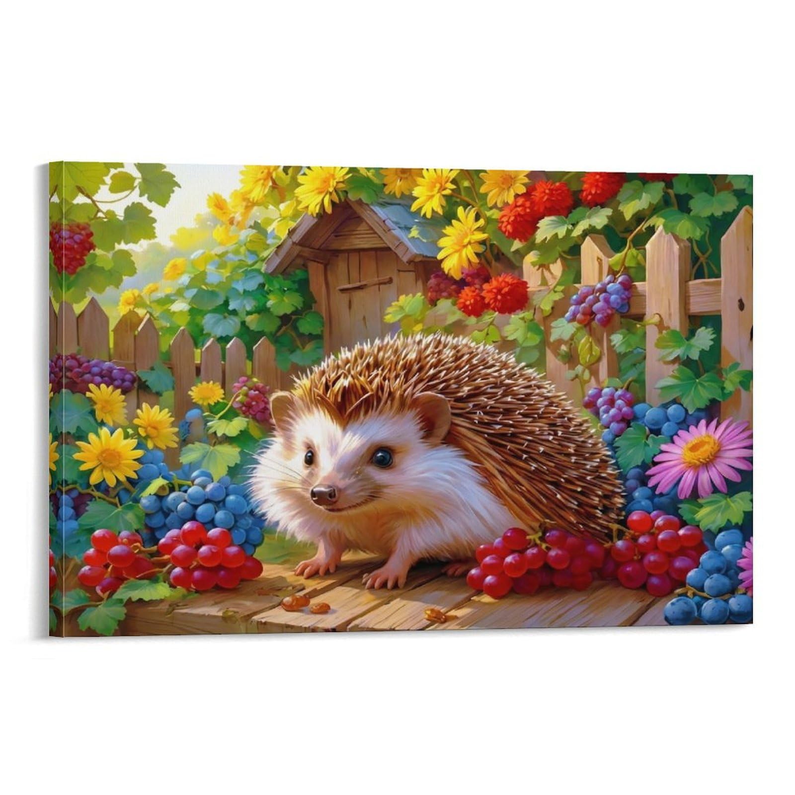 CPLVKWRQJ Cute Hedgehog Garden Single Hedgehog Garden Berries Canvas Wall Art - Fade Resistant Ready to Hang Living Room Focal Point Wall Decor 20x30inch(50x75cm)