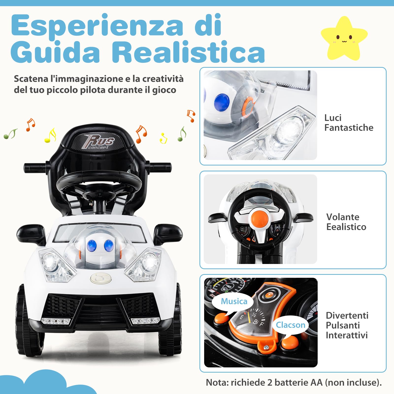 COSTWAY 3 in 1 Auto a Spinta Macchinina da Passeggio per Bambini 1+ Anni Bianco