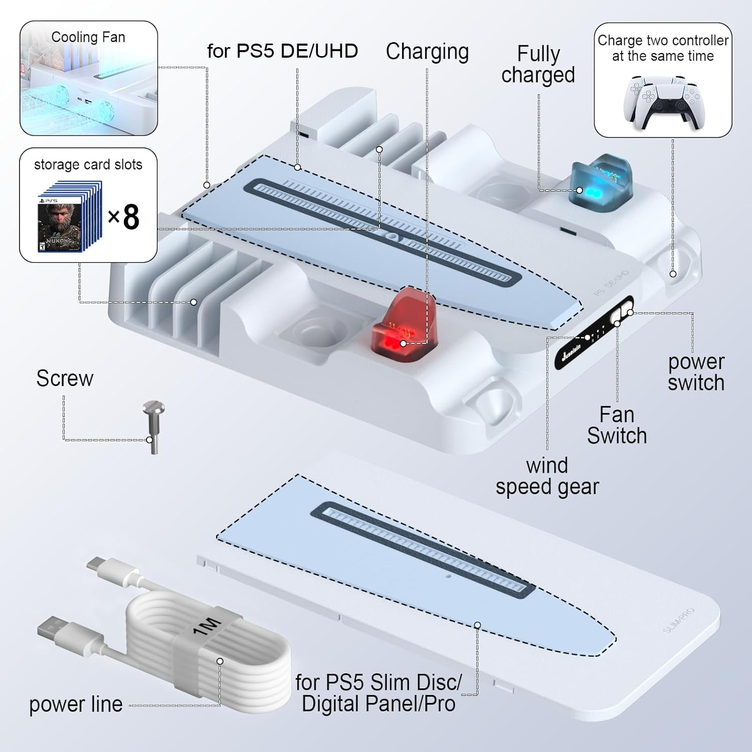 Juseisin for PS5 Gaming Console Cooling Station Holder for Pro, Slim, Digital & Disc Editions – Dual Controller Charging, Multi-Speed Fan, Efficient Heat Dissipation, 8-Game Storage